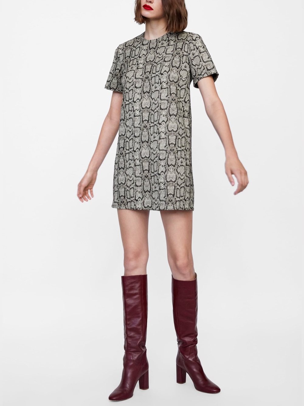 Zara Snake Print Shift Mini Dress Neutral Animal Print Chic A Line Style